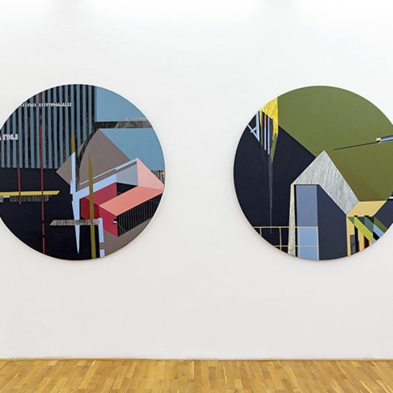 Simona ŠTULEROVÁ, Po búrke, 2018, akryl a fixa na plátne a Stopy architektúry, 2019, akryl a fixa na plátne