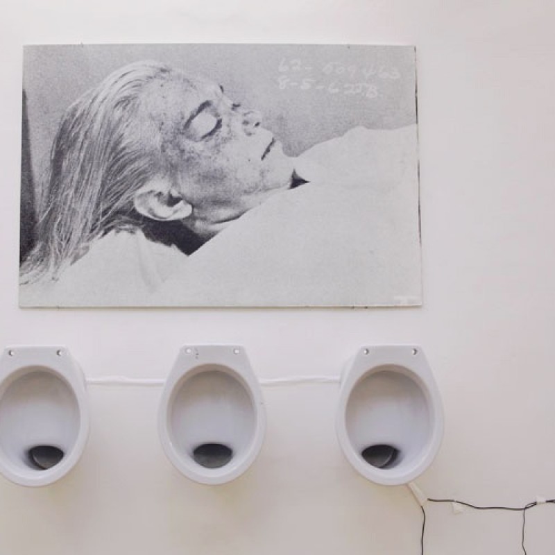 Monogram, 1992/2009, inštalácia, toaletné misy, fotografia, pieseň Marilyn Monroe, „Happy Birthday Mr. President“